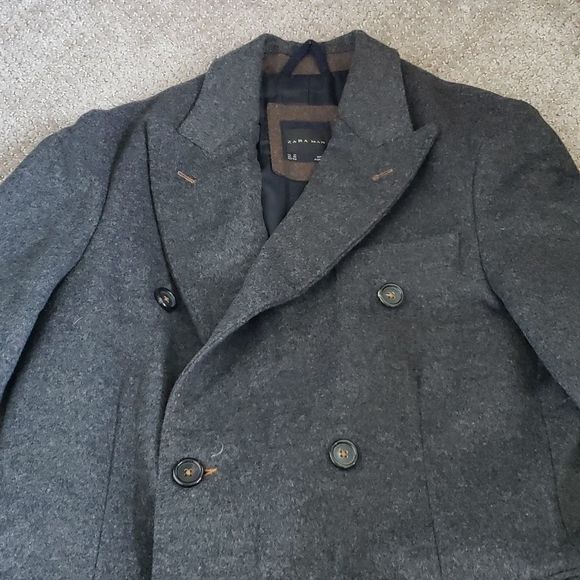 Zara Man Long Wool Gray Pea Coat - Picture 2 of 9